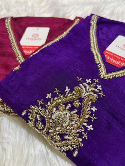 Purple cotton silk embroidered straight kurta set with dupatta - Prisachi Official