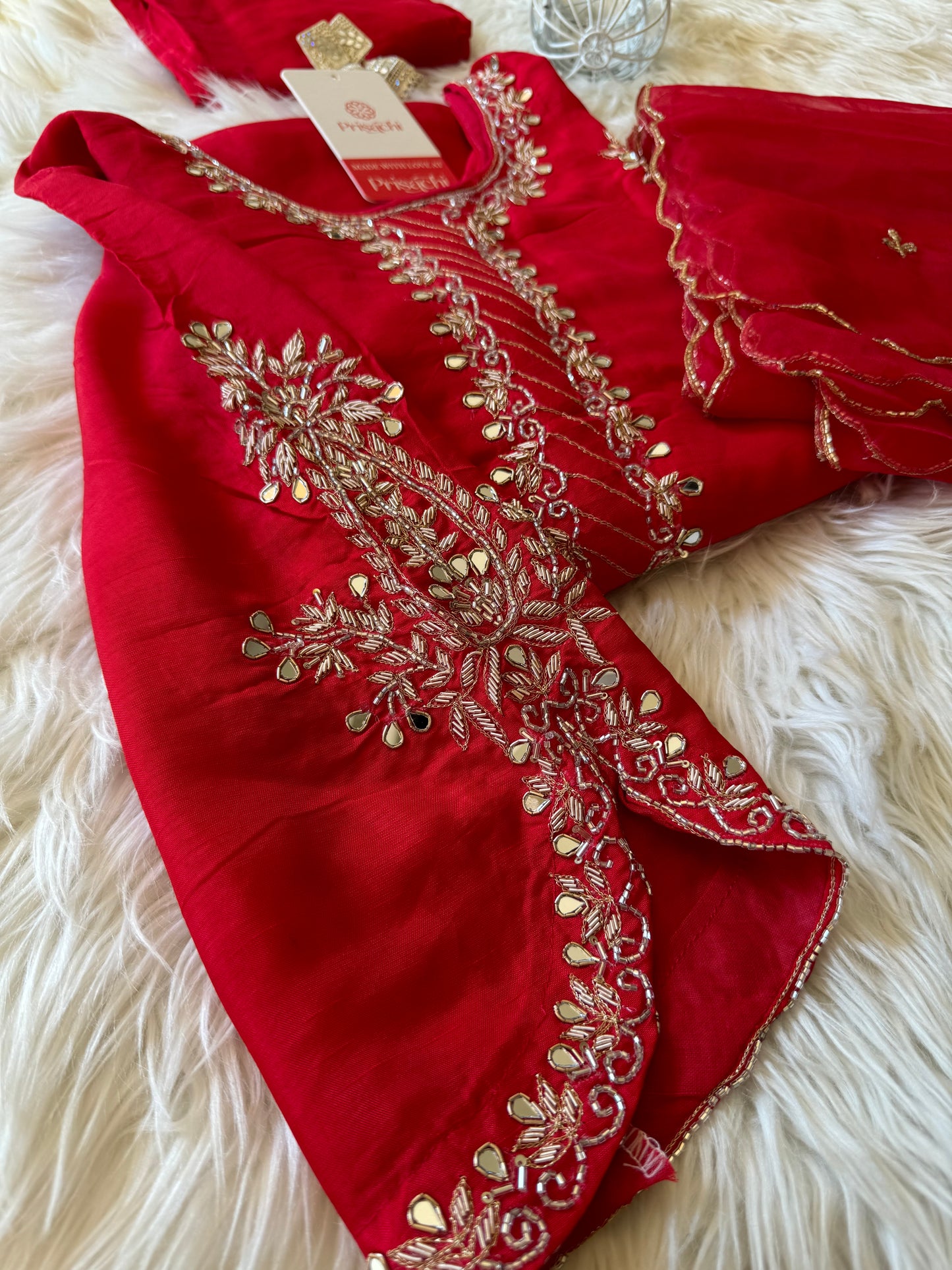 Red embroidered kurta set with dupatta