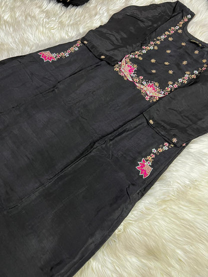 Black embroidered cotton silk kurta set with dupatta