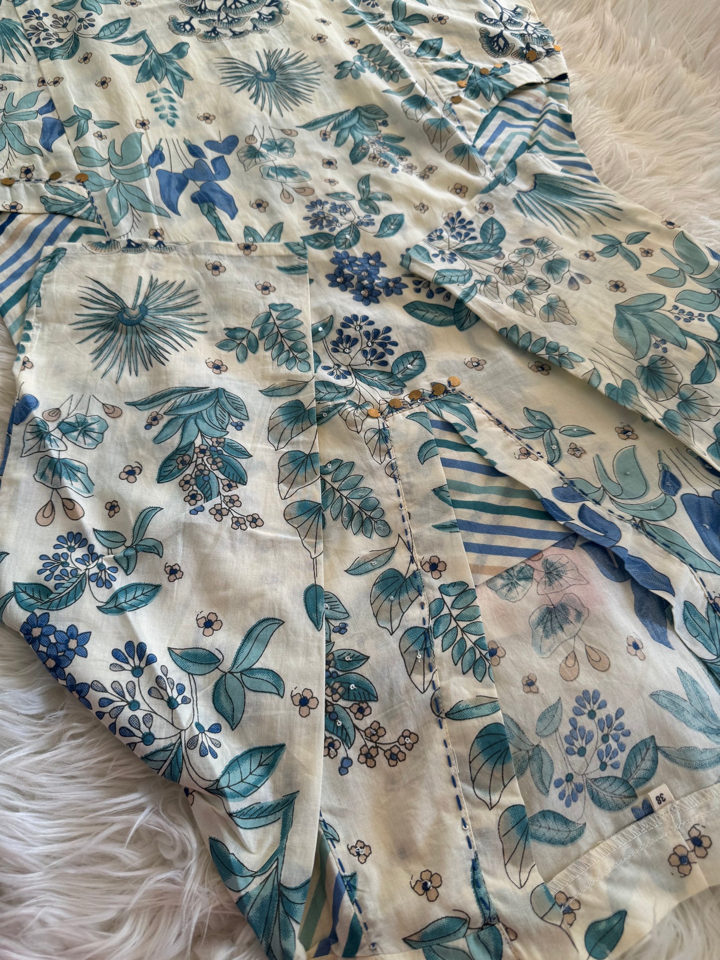 White and Blue Cotton Floral Printed Kurta with Pant  and Dupatta