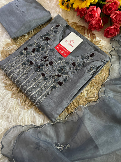 Gray embroidered kurta set with  dupatta