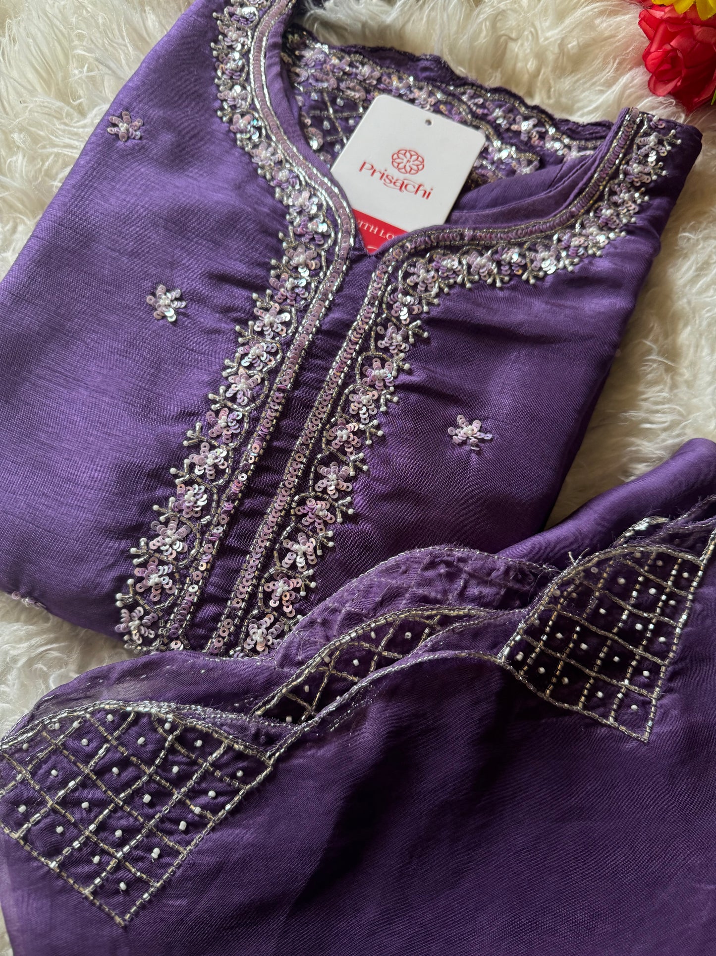 Purple neck embroidered kurta set with dupatta