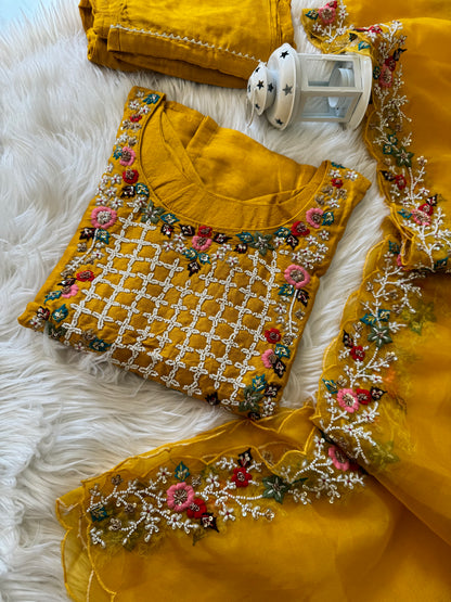 Yellow embroidered kurta set with dupatta