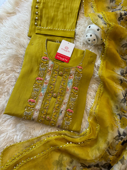 Green embroidered kurta set with dupatta