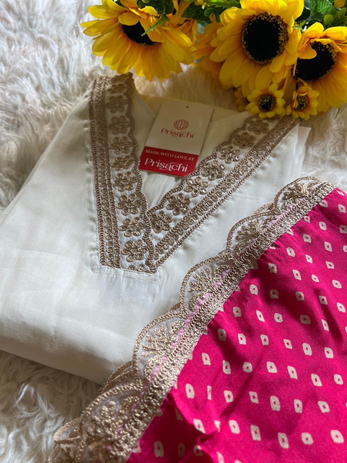 Off White Lilac silk kurta set with Mary Pink dupatta