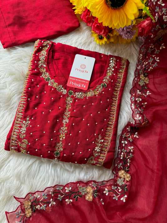 Red embroidered kurta set with dupatta