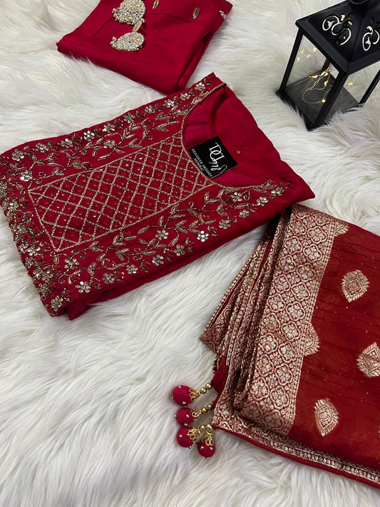 Red Embroidered kurta bottom  with dupatta