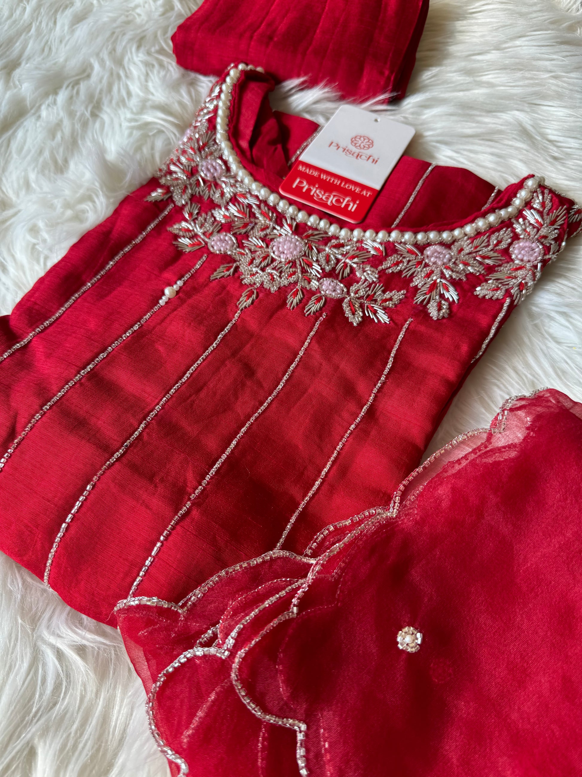 Red embroidered kurta set with dupatta - Prisachi Official