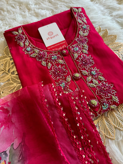 pink neck embroidered kurta set with dupatta - Prisachi Official