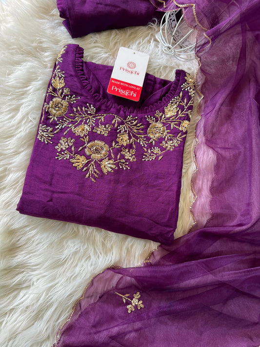 Purple embroidered kurta set with dupatta