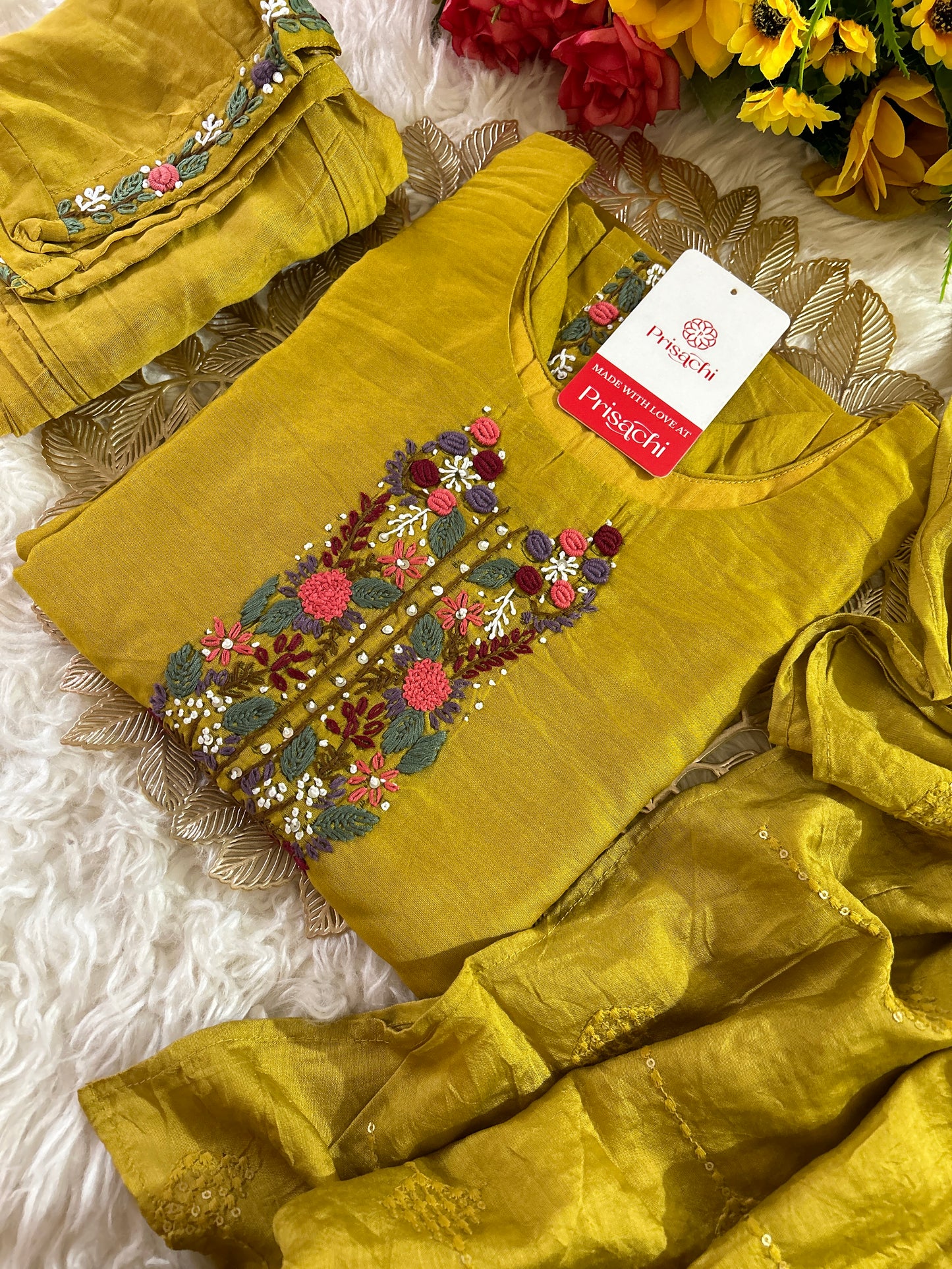 Yellow embroidered chanderi silk kurta set with dupatta