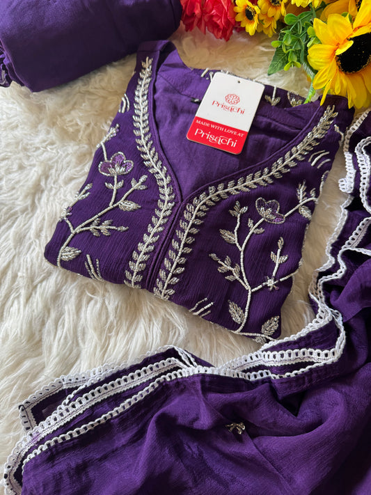 Purple Embroidered kurti sharara set  with dupatta