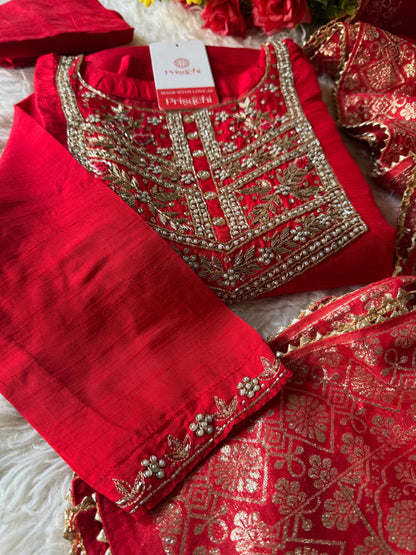 Designer Red Embroidered kurta bottom  with dupatta