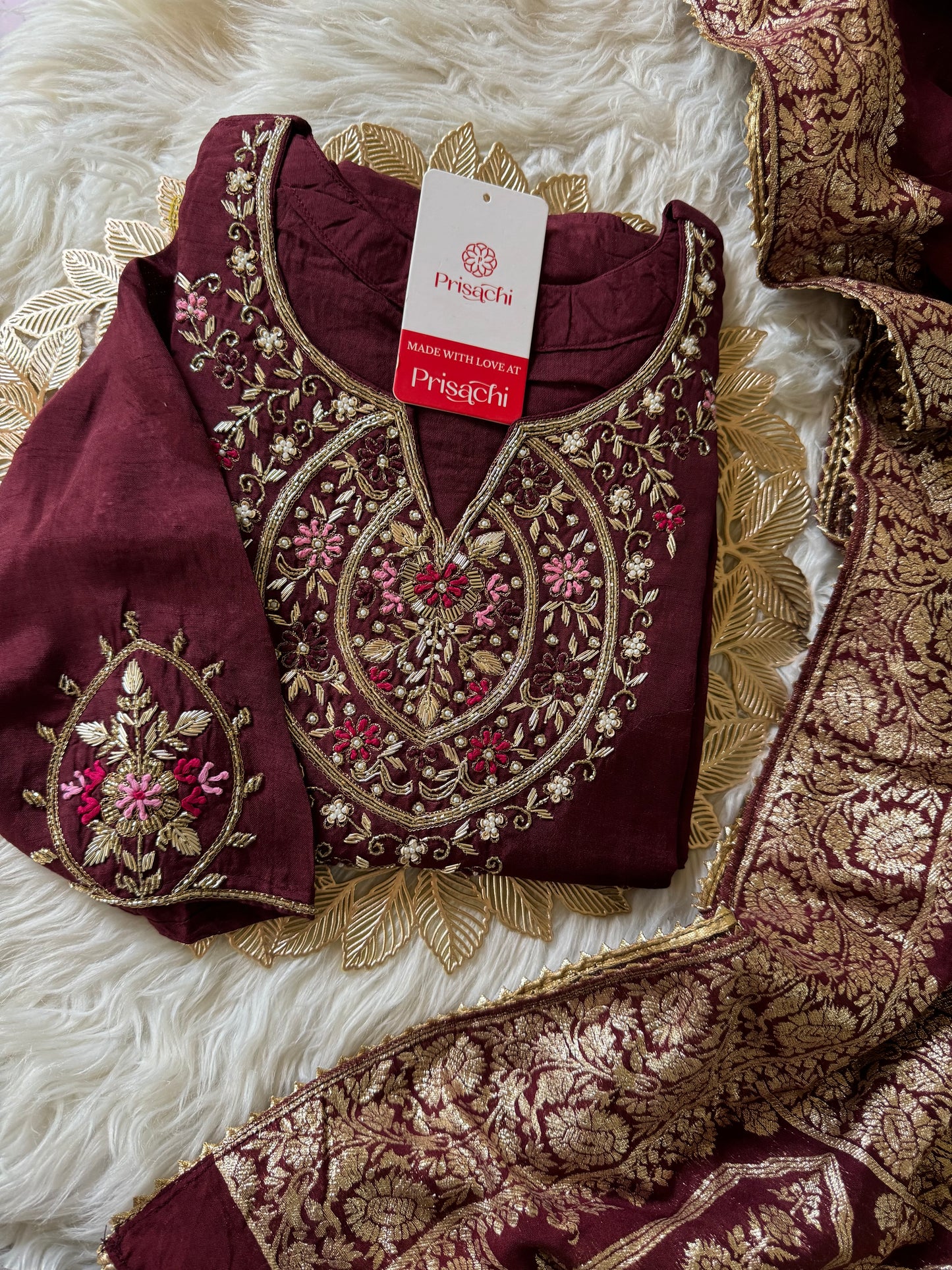 Brown hand embroidered kurta pant  with dupatta