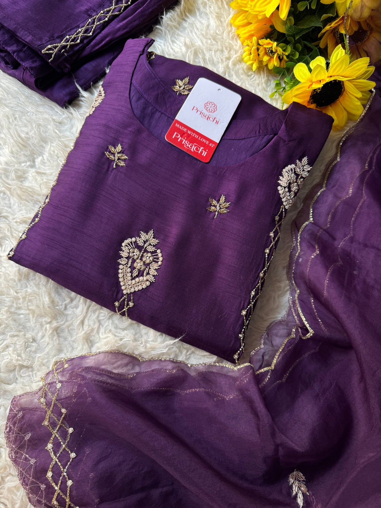 Purple Designer Embroidered kurta set with dupatta
