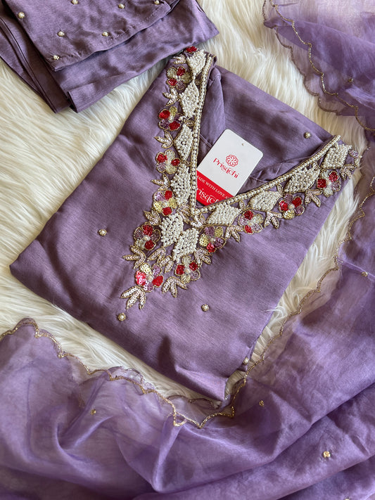 Purple embroidered kurta set with dupatta