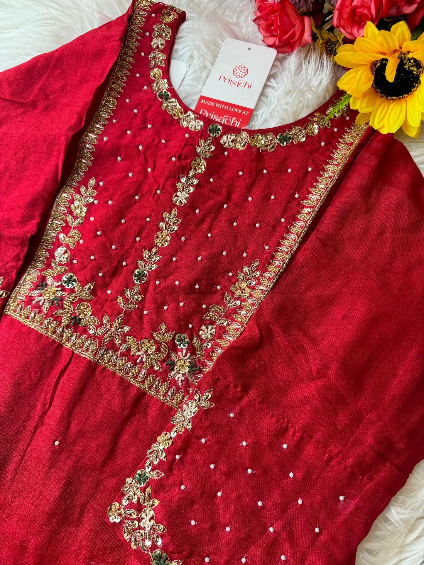 Red embroidered kurta set with dupatta