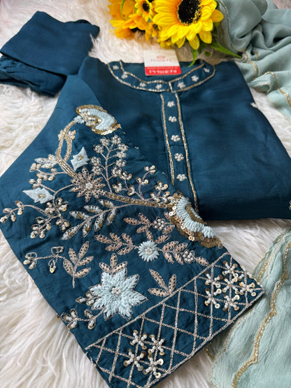 Blue embroidered kurta Bottom with dupatta