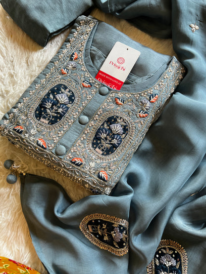 Gray embroidered kurta set with  dupatta