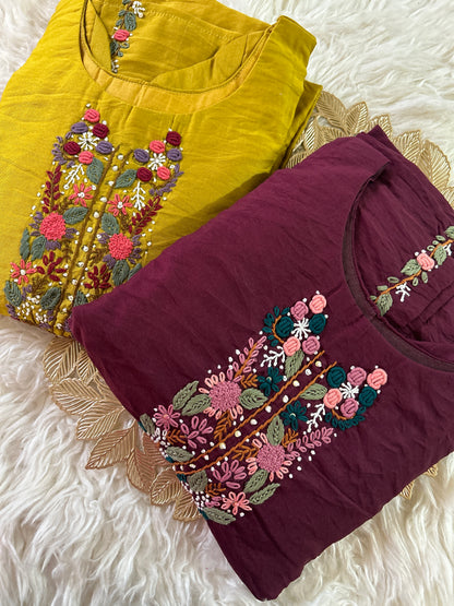 Yellow embroidered chanderi silk kurta set with dupatta