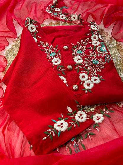 Designer Red Embroidered kurta bottom  with dupatta