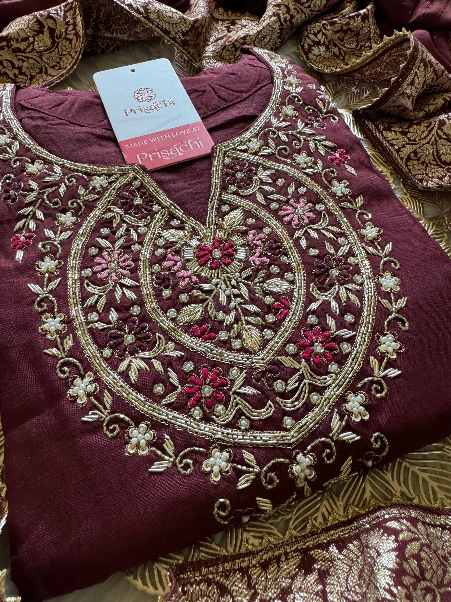 Brown hand embroidered kurta pant  with dupatta