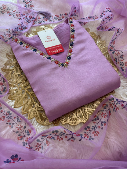Purple cotton silk embroidered straight kurta set with dupatta