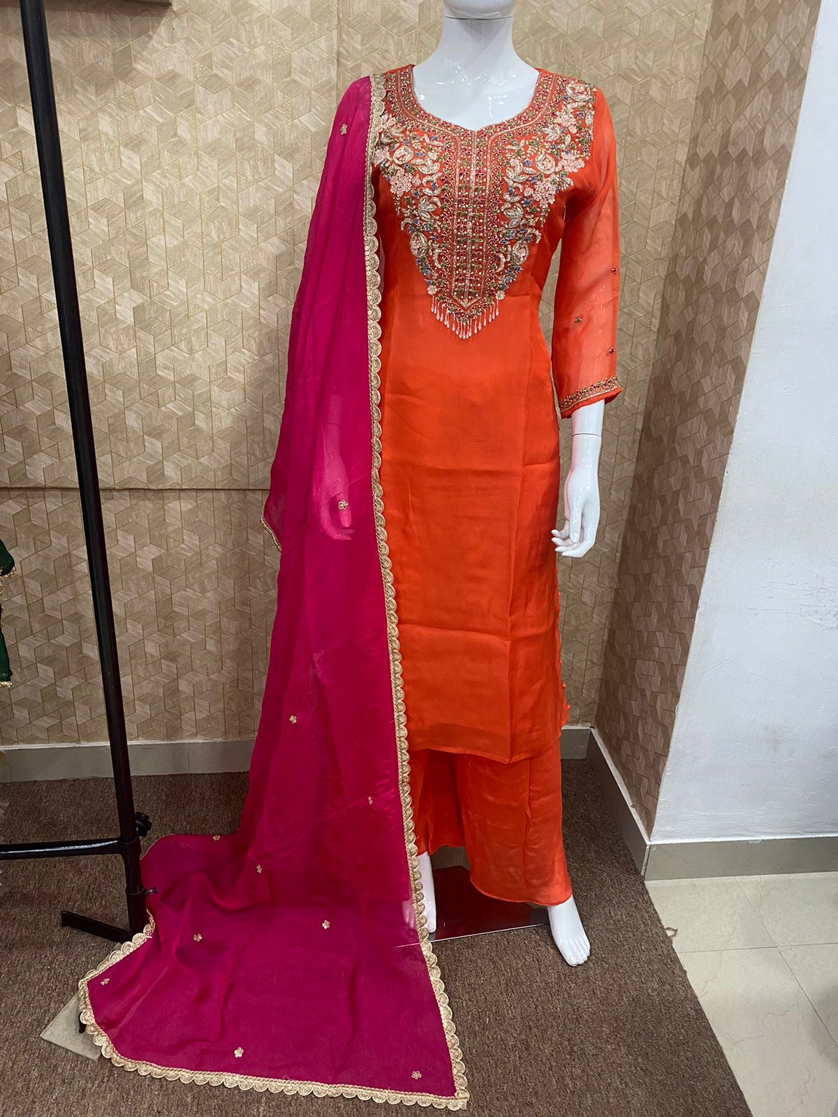 Orange Embroidered Kurta Set With Contrast Pink Dupatta