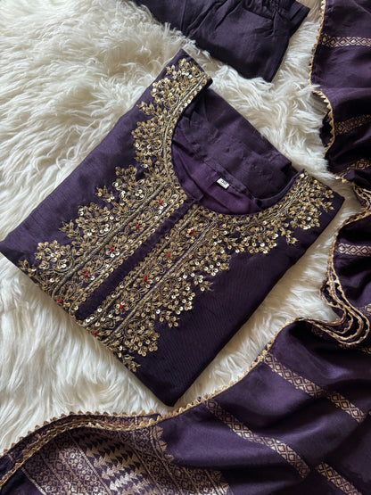 Purple embroidered kurta set with dupatta