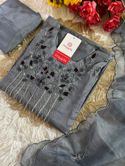 Gray embroidered kurta set with  dupatta