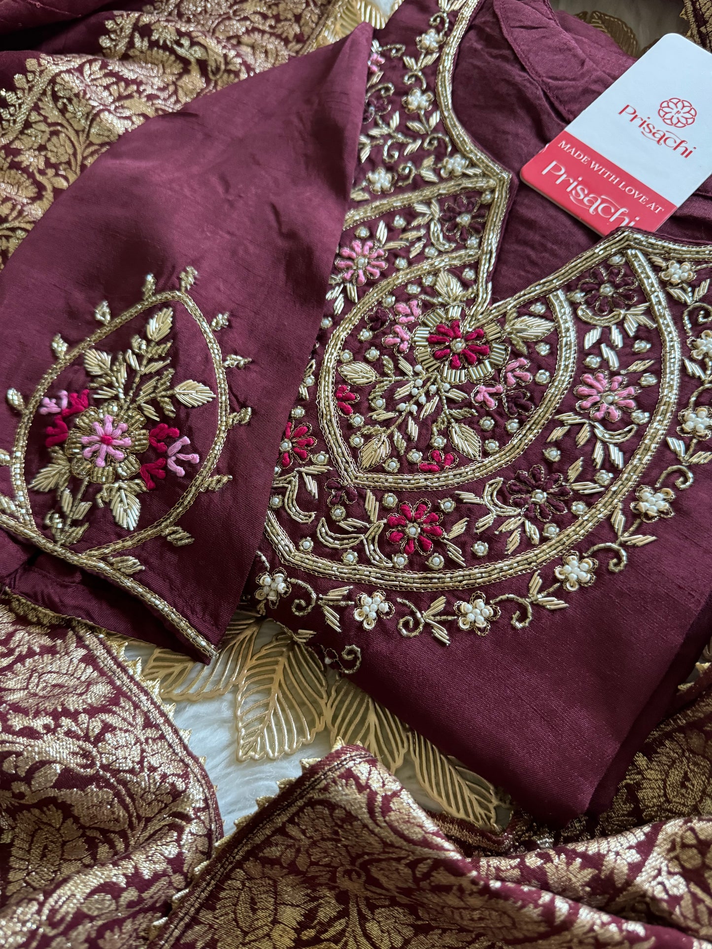 Brown hand embroidered kurta pant  with dupatta