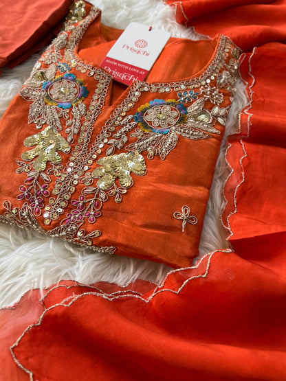 Orange Embroidered Kurta Set With viscous Dupatta