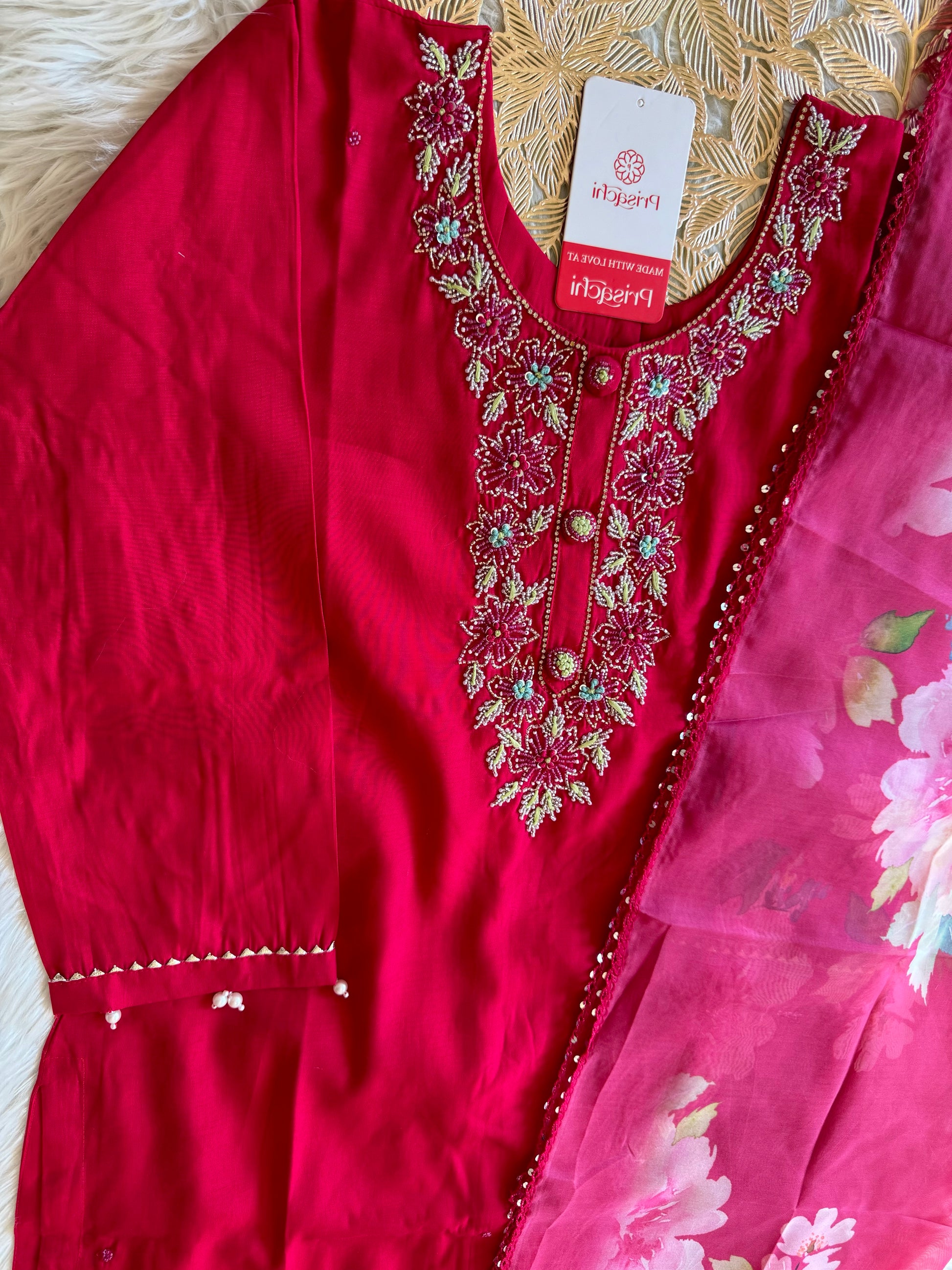 pink neck embroidered kurta set with dupatta - Prisachi Official