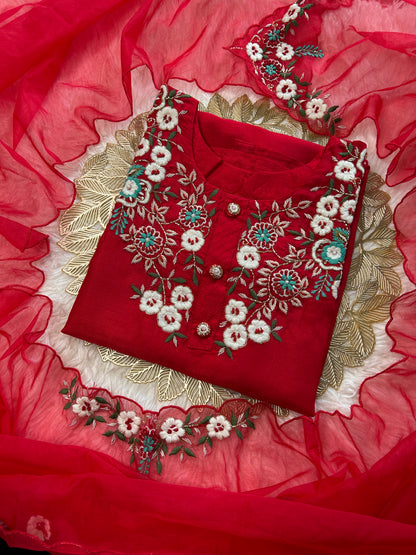 Designer Red Embroidered kurta bottom  with dupatta