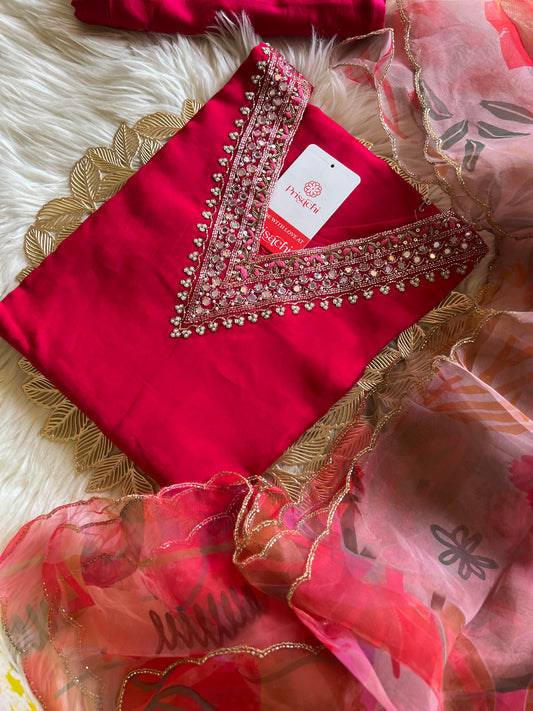 Pink neck embroidered kurta set with dupatta