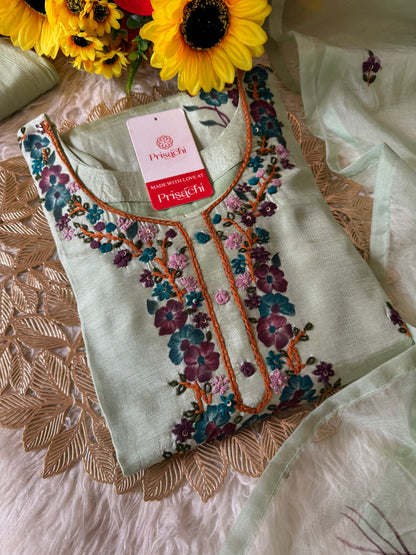 Pista green Hand Thread embroidered kurta set with dupatta