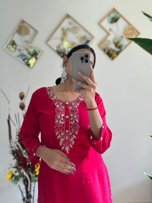 pink neck embroidered kurta set with dupatta