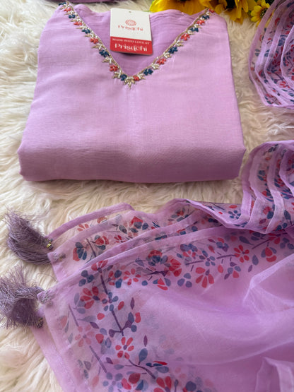 Purple cotton silk embroidered straight kurta set with dupatta