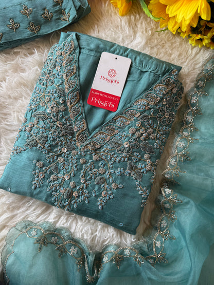 Sky blue Handwork kurta Pant  with dupatta