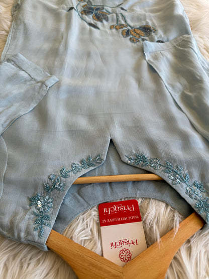 pastel blue embroidered kurta set with dupatta