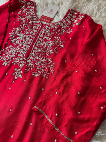 Red designer embroidered kurta set with dupatta