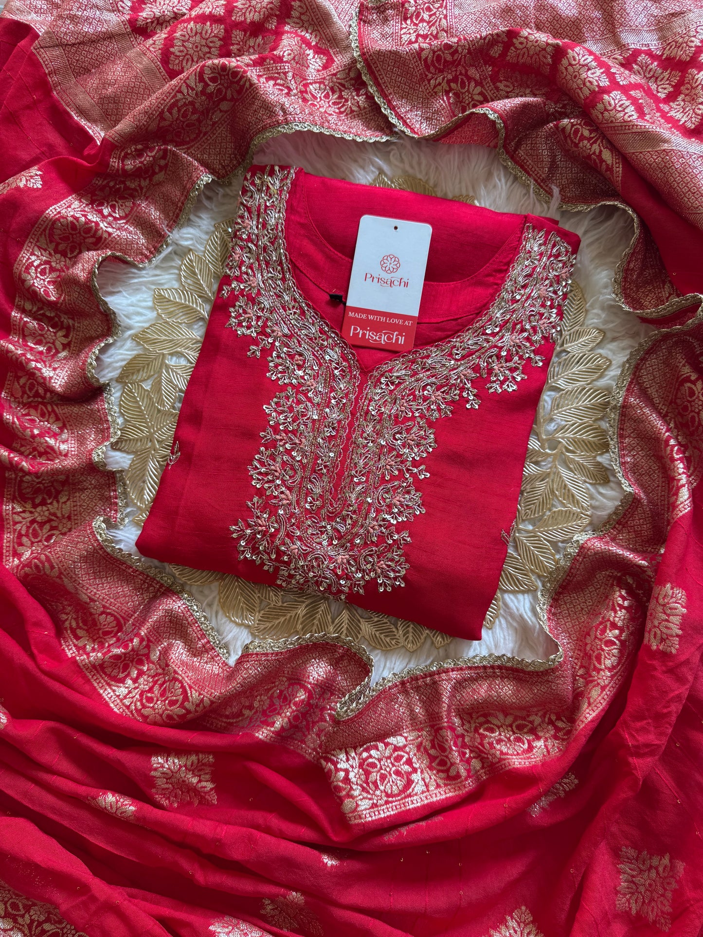 Red Embroidered kurta set with dupatta