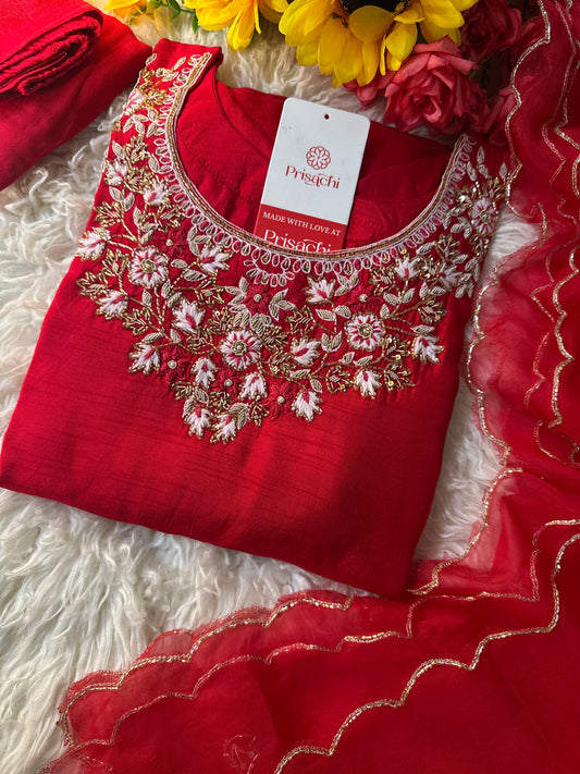 Red embroidered kurta Bottom  with dupatta