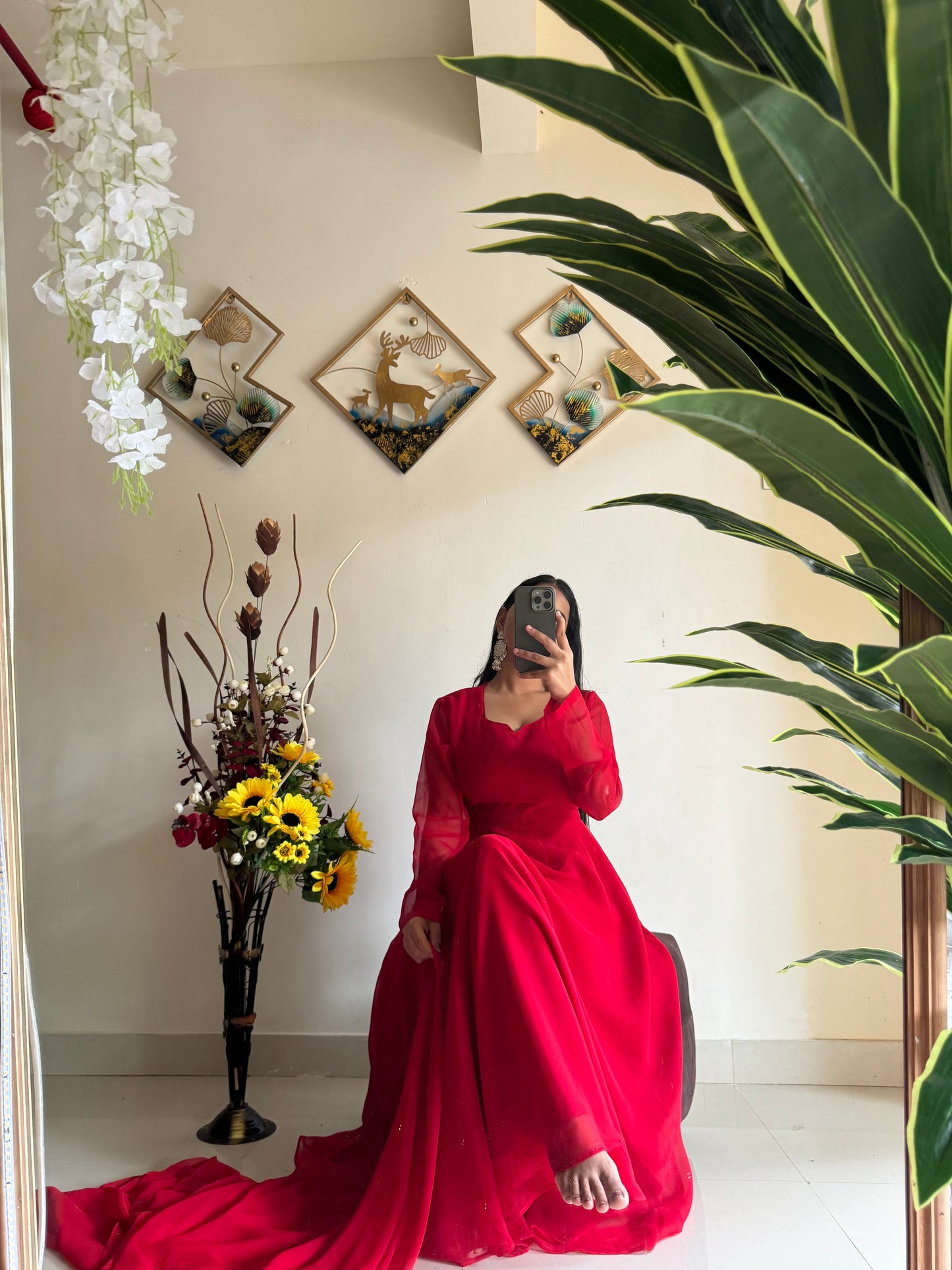 Red Gown with Dual Layer Pattern