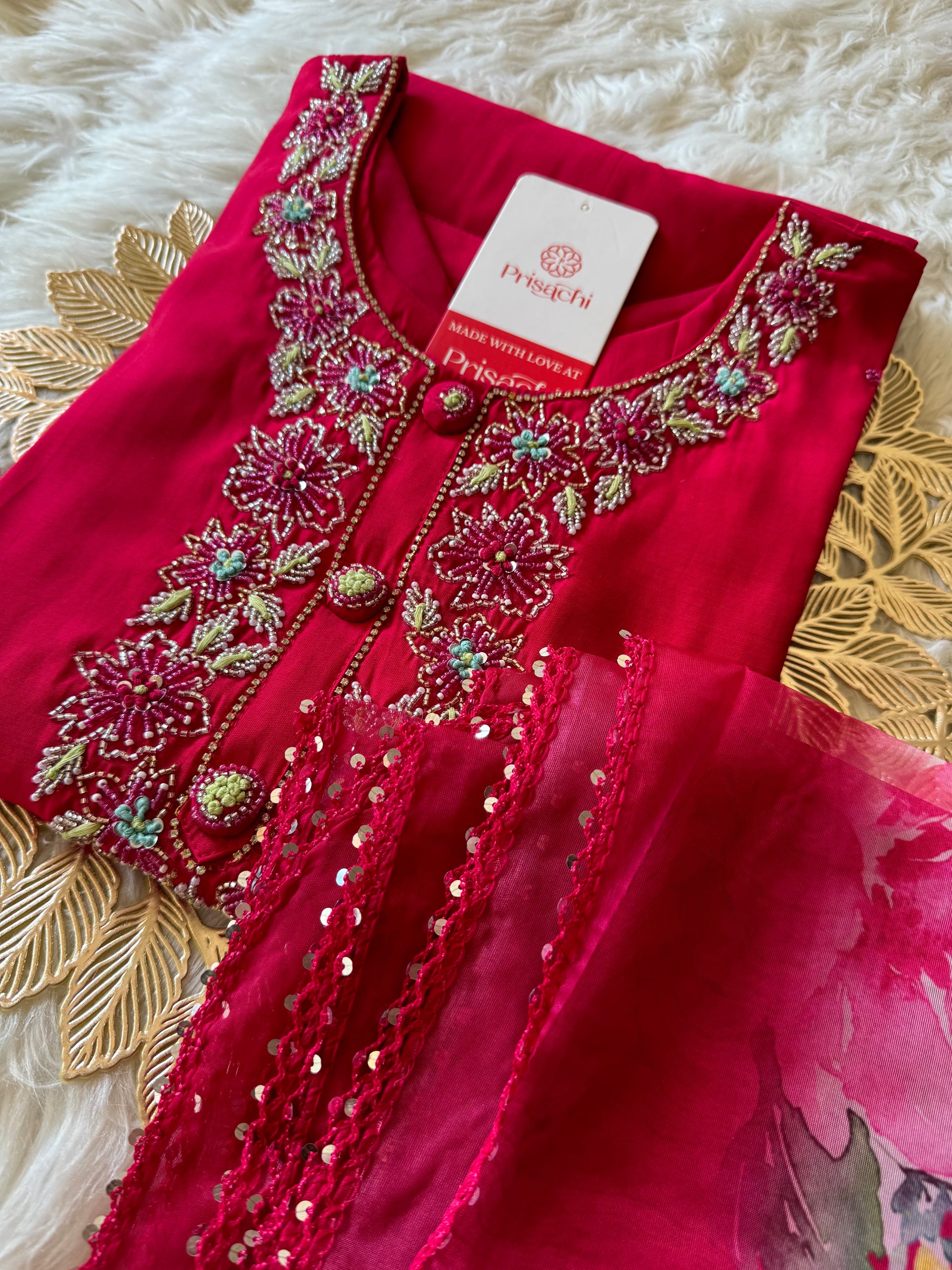 pink neck embroidered kurta set with dupatta - Prisachi Official