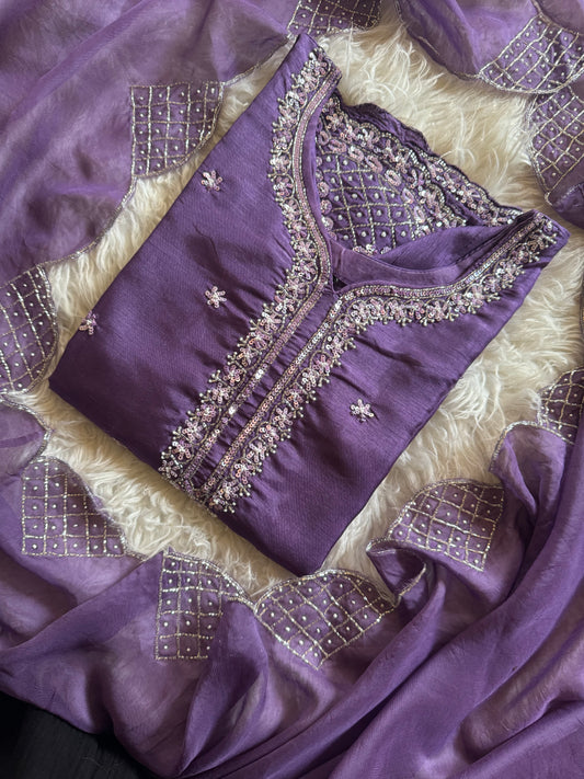 Purple neck embroidered kurta set with dupatta