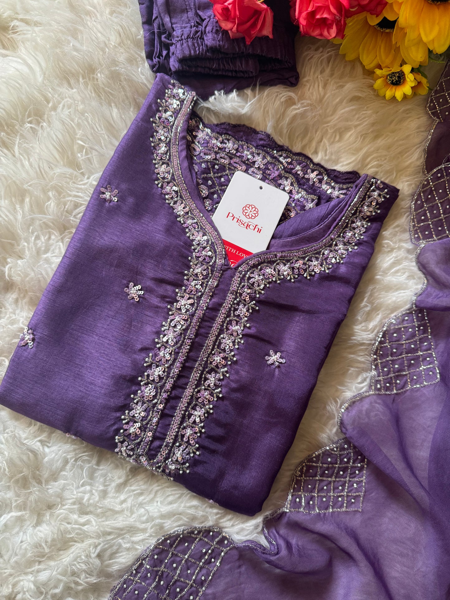 Purple neck embroidered kurta set with dupatta