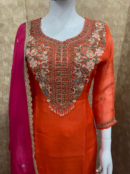 Orange Embroidered Kurta Set With Contrast Pink Dupatta