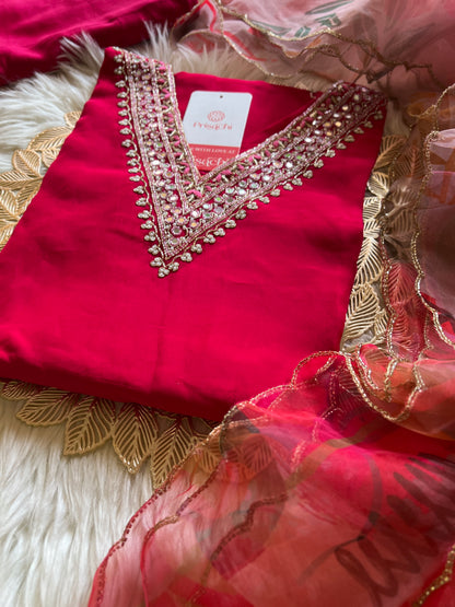 Pink neck embroidered kurta set with dupatta