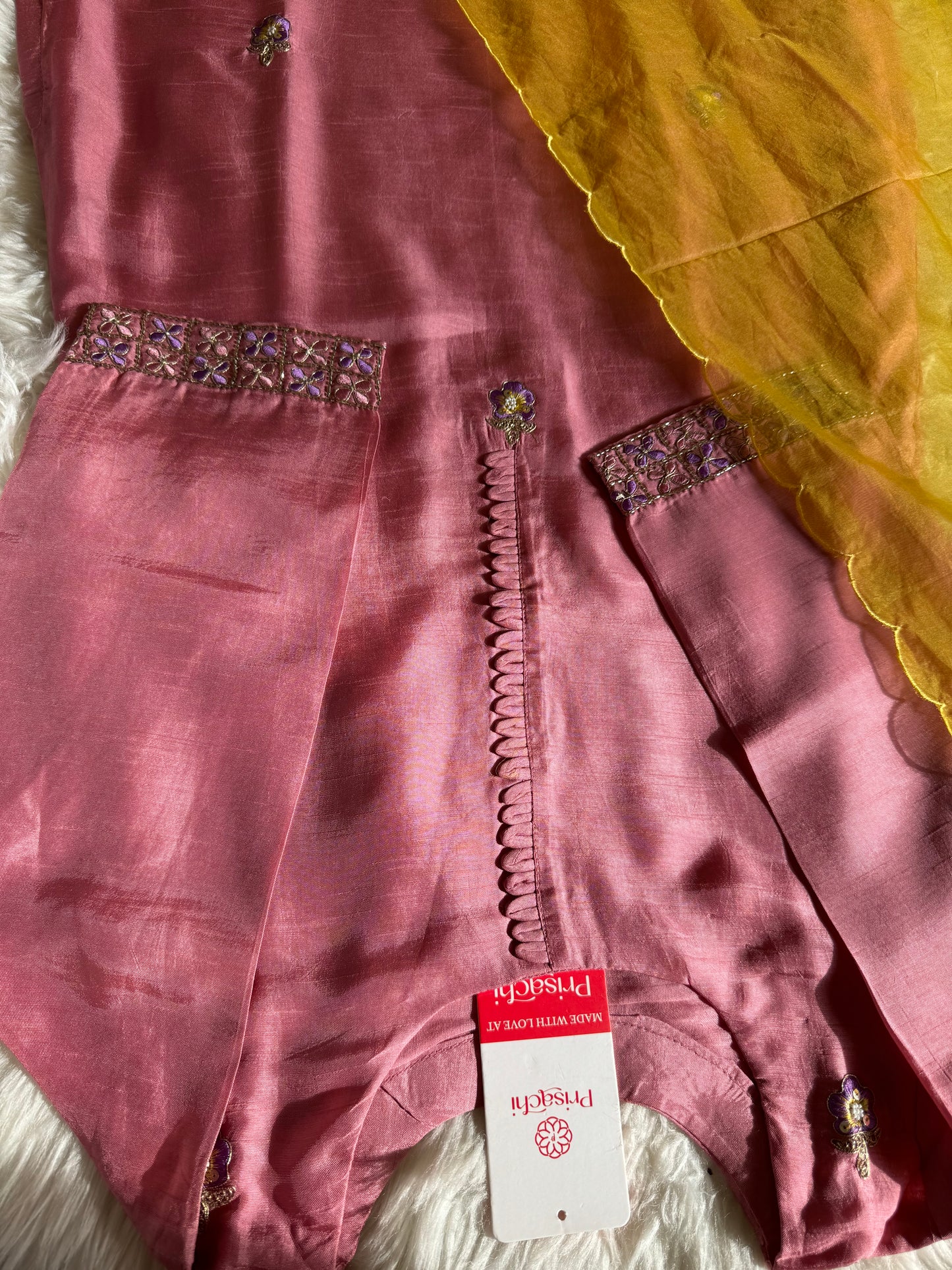 Pink embroidered kurta set with Contrast dupatta